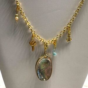 Gold Tone Charm Necklace Abalone Pendant Swarovski Jade & Shark Tooth Charms